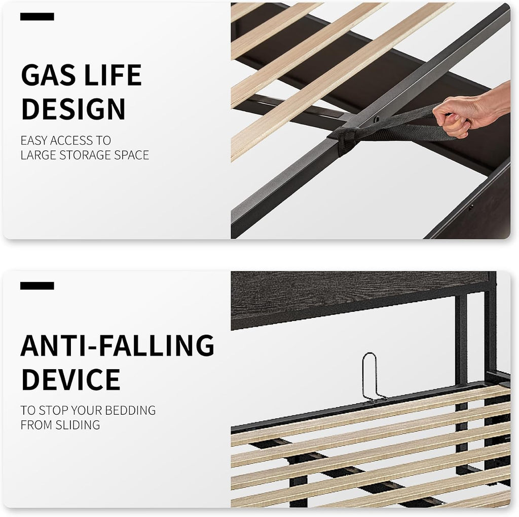 LUXOAK Queen Size Lift Up Storage Bed, Wood Platform Bed Frame with Storage Headboard & Charging Station, No Box Spring Needed, Easy Assembly, Black