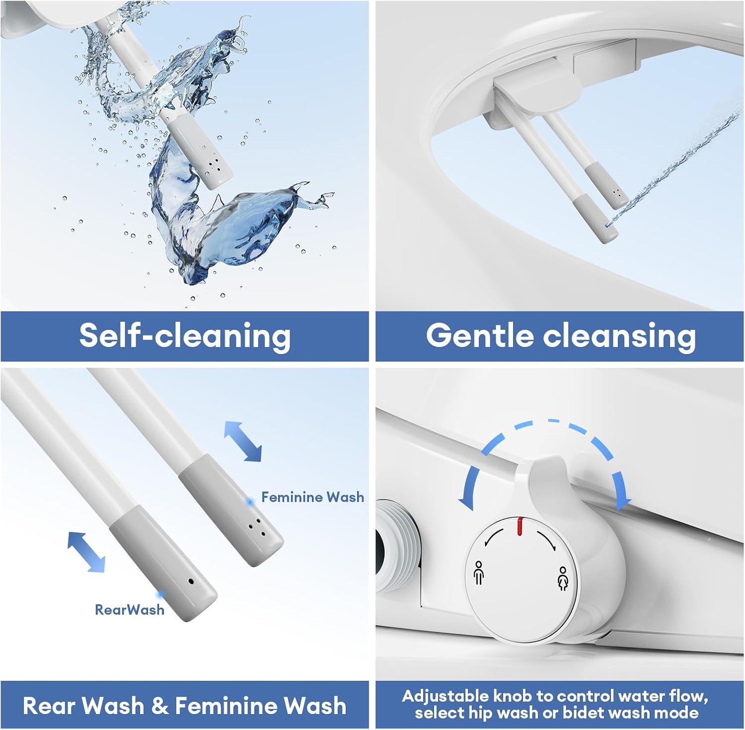 Electric Heated Bidet Toilet Seat Elongated, Smart Toilet Seat With Adjustable Warm Water Pressure, Soft Closed Lid, Night Light, Self-Cleaning Dual Nozzles For Frontal & Rear Wash E300