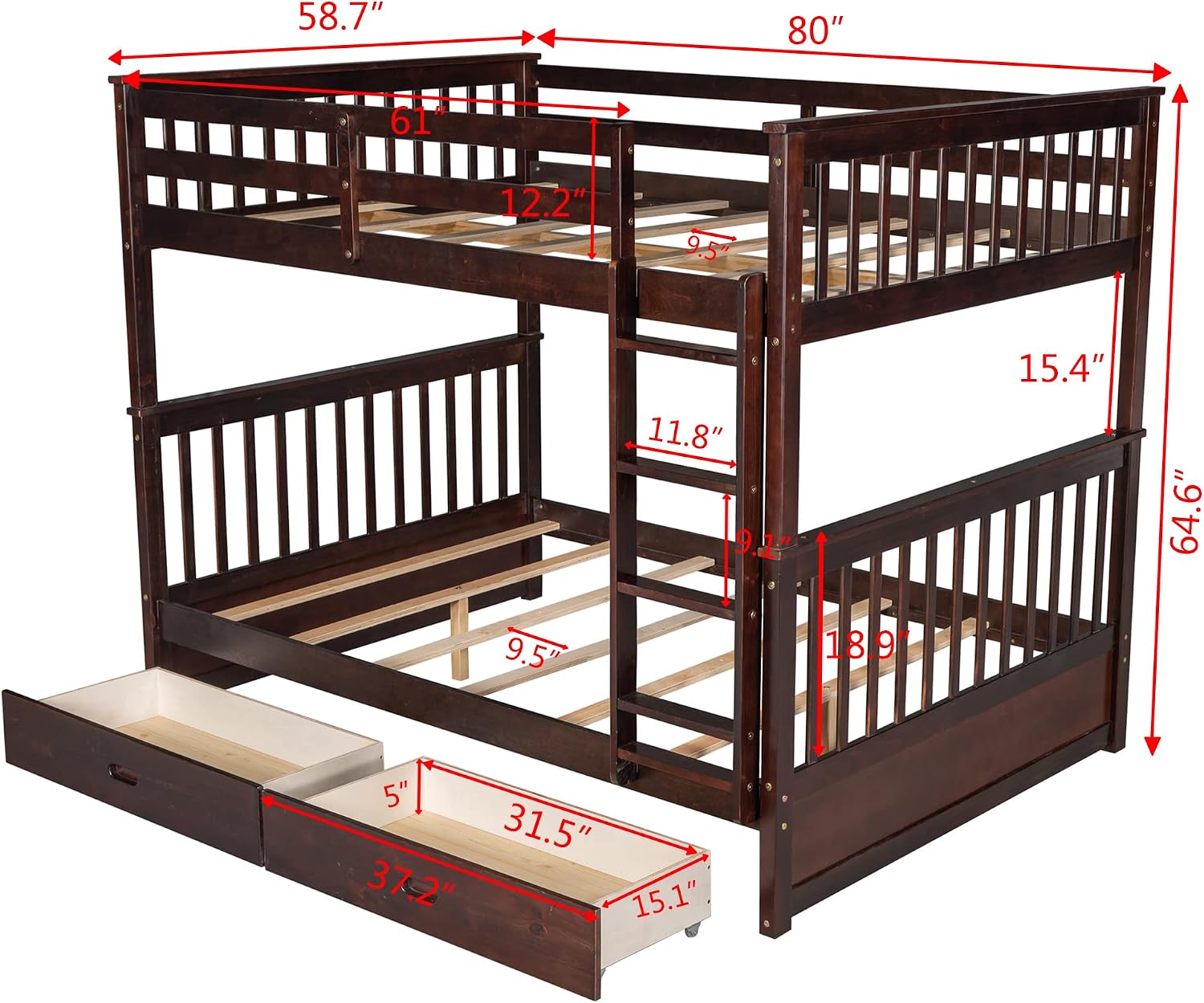 Harper & Bright Designs Full Over Full Bunk Bed with 2 Drawers, Solid Wood Platform Bed with Ladder, Full Length Guardrail and Headboard, No Spring Box Needed, Espresso