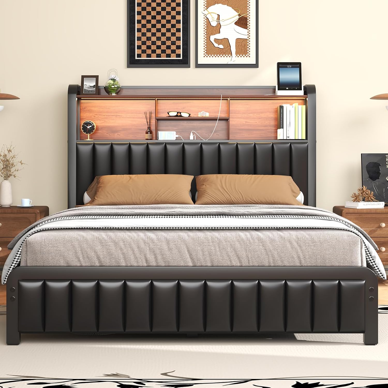 LOEWAY Full Size Bed Frame 54.3' Tall with 3-Tier Storage Headboard and PU Leather, Metal Platform Bed Frame with LED Lights and Charging Station, Noise-Free, No Box Spring Needed, Black