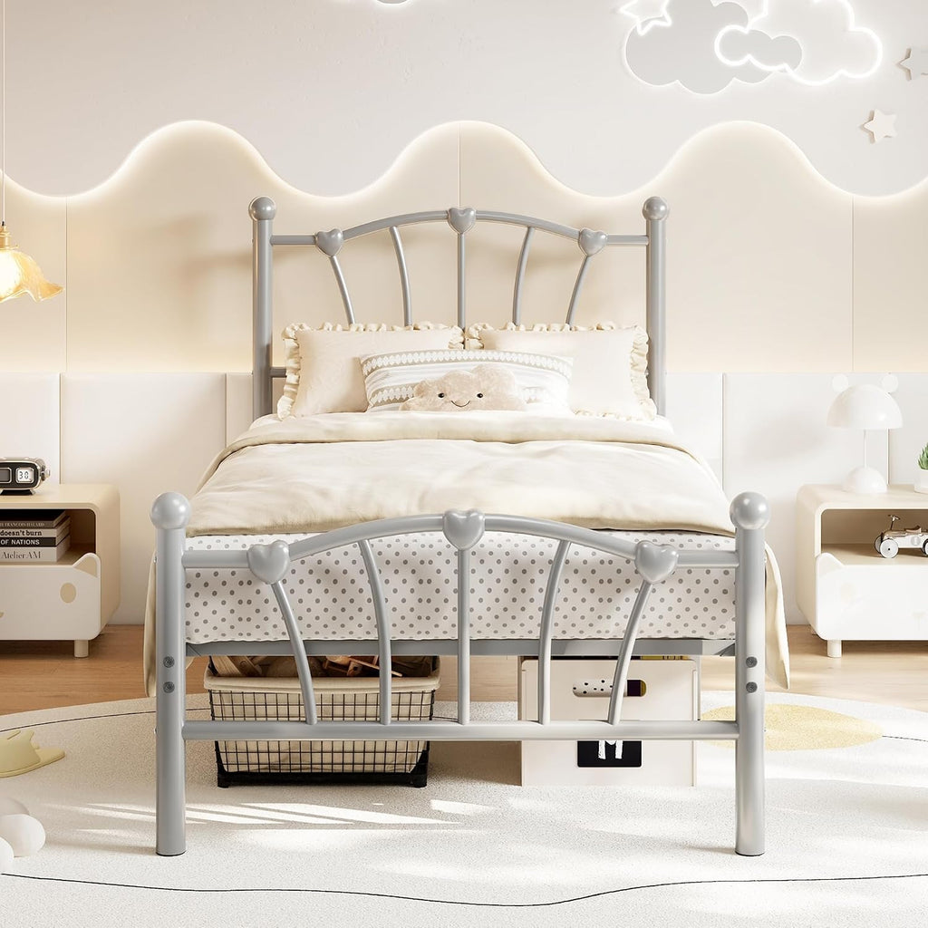 GarveeHome Twin Size Bed Frame, Heart Shaped Metal Bed Frame with Headboard and Footboard, Platform Bed Frame with Sturdy Slat Support, Underbed Storage Space, No Box Spring Needed, Grey