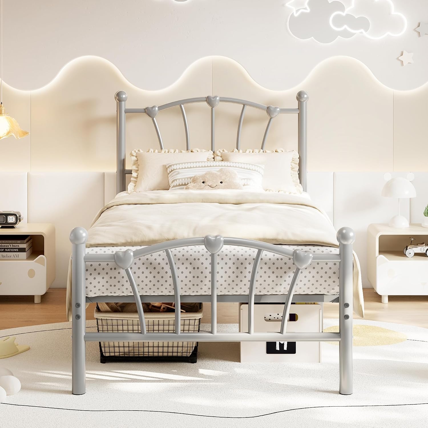 GarveeHome Twin Size Bed Frame, Heart Shaped Metal Bed Frame with Headboard and Footboard, Platform Bed Frame with Sturdy Slat Support, Underbed Storage Space, No Box Spring Needed, Grey