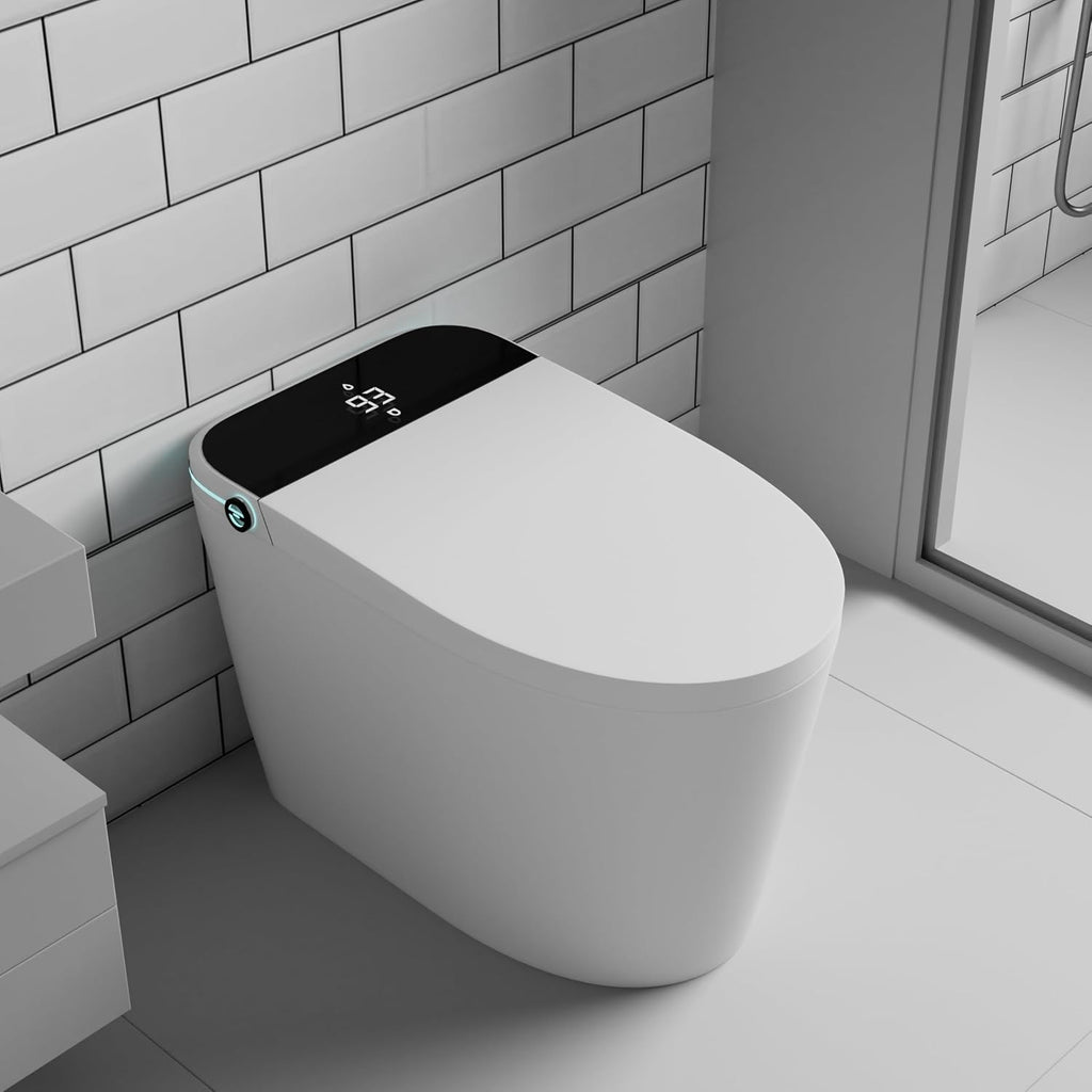SouNor 12'Rough-in Tankless Smart Toilet with Blue Light Strip,LED Display Warm Air Drying, Heated Bidet Seat,Foot Sensor Flush,Wireless Remote Control,Warm Water Wash,Self-cleaning,Ceramic,White.