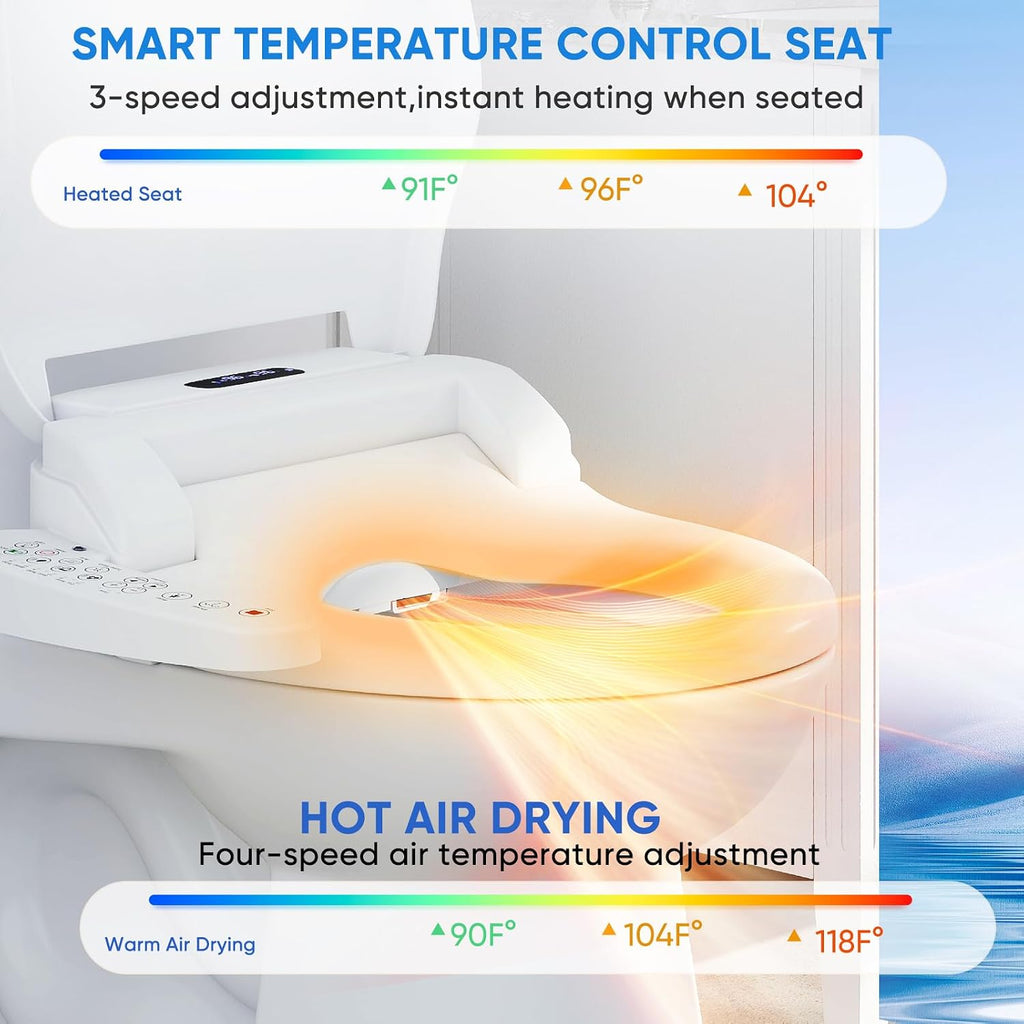Upgrade Bidet Toilet Seat Elongated, Rear and Feminine Wash, Unlimited Warm Water, Heated Seat, Warm Air Drying, Soft Close Lid Upgraded Bidet Toilet