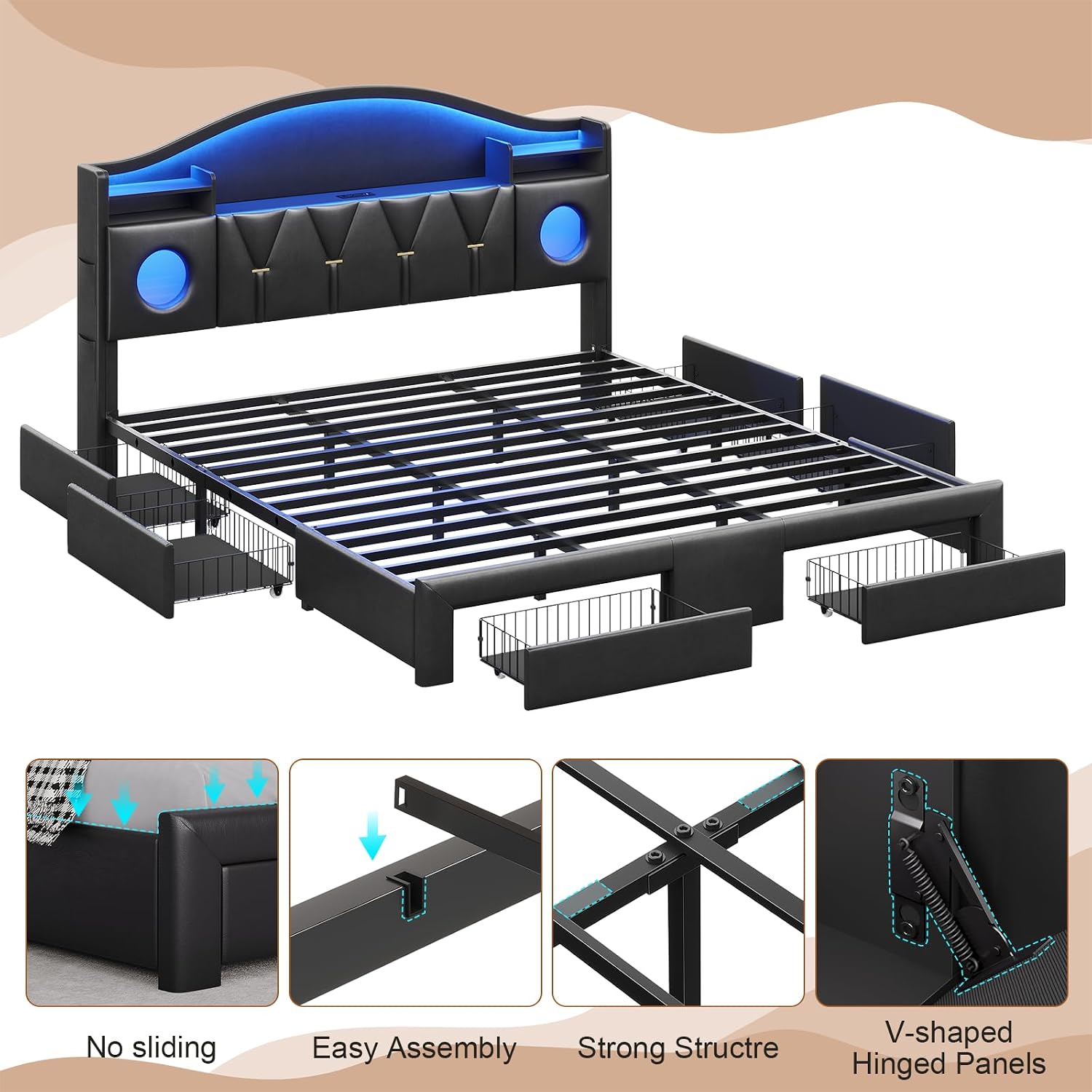 busyaeh California King Bed Frames,Cal King Bed Frame,California King Bed Frame with 6 Storage Drawers & LED Lights & Charging Station and Leather Upholstered headboard,No Box Spring Needed, PU Black