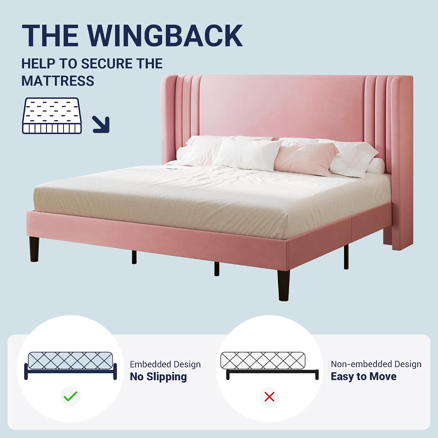 Allewie King Size Velvet Platform Bed Frame with Vertical Tufted Wingback Headboard, Easy Assembly, Under Bed Storage, No Box Spring Required, Modern Style, Pink