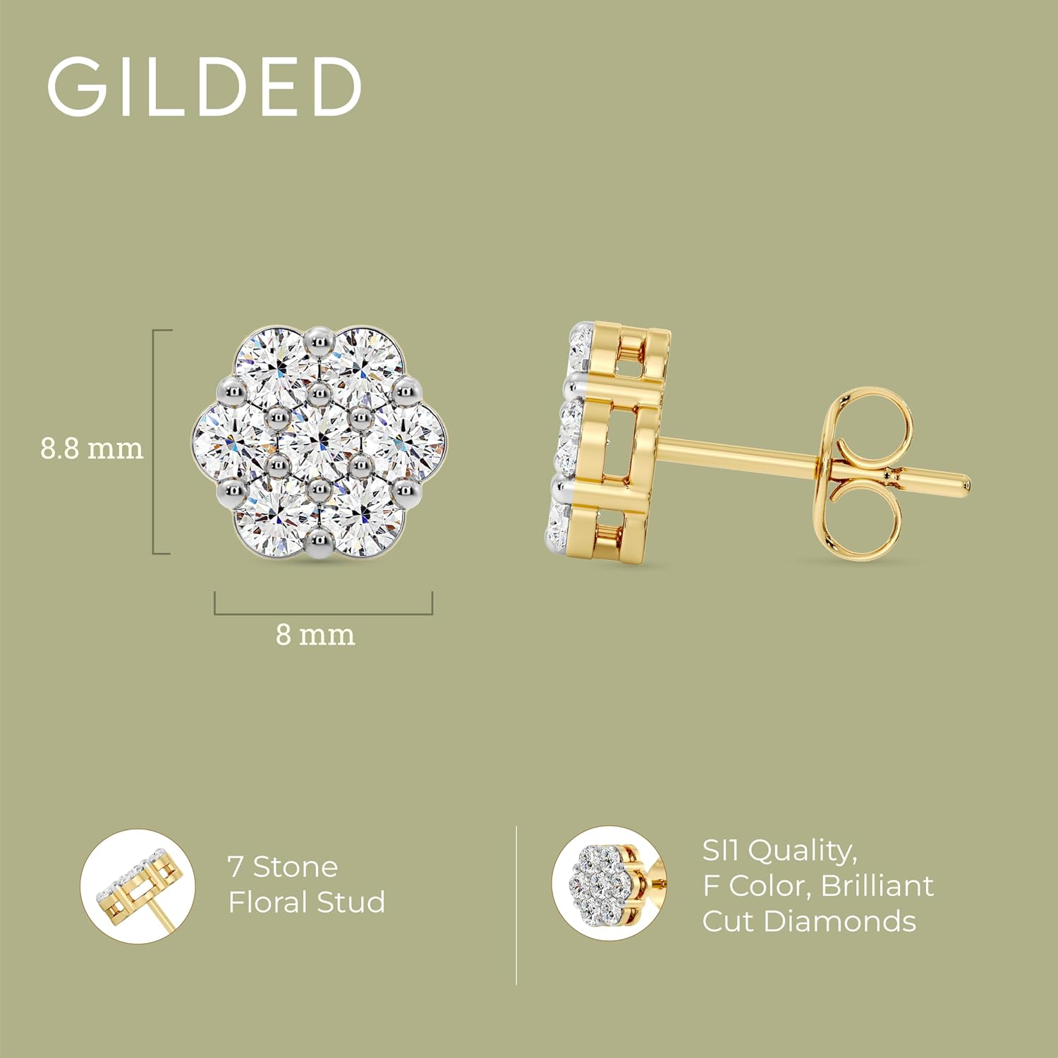Gilded Lab-Grown Diamond 7 Stone Flower Earrings for Women in 925 Sterling Silver and 14KT Yellow Gold Plated Silver | Hypoallergenic Fine Jewelry | Hinged Closure | SI1 Clarity, F Color |1/4,1/2, 1,2 Carat Total Weight