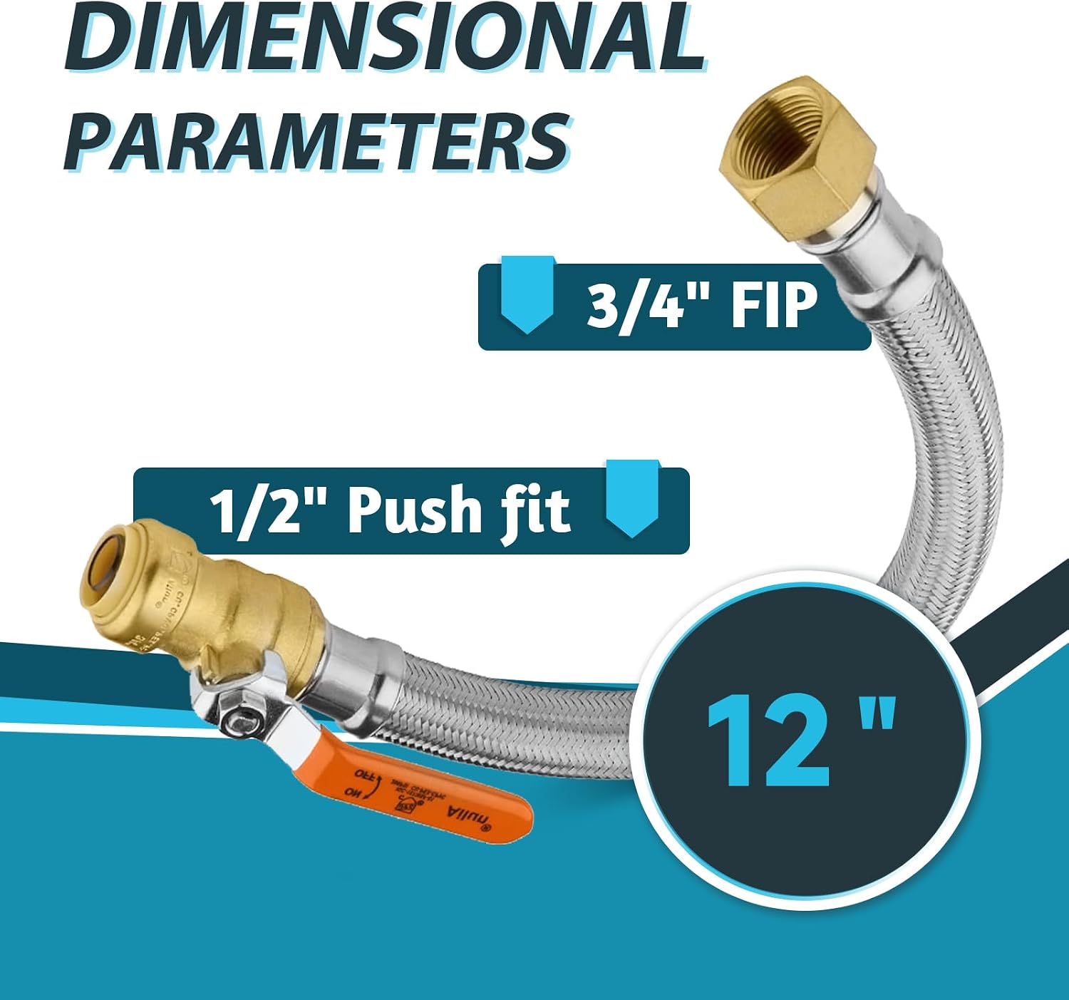 (5 Pack) Seelink 12-Inch Stainless Steel Flexible Heater Hose, 1/2 Inch Push-fit Ball Valve x 3/4 Inch FIP, Push-to-Connect for Copper, PEX, and CPVC