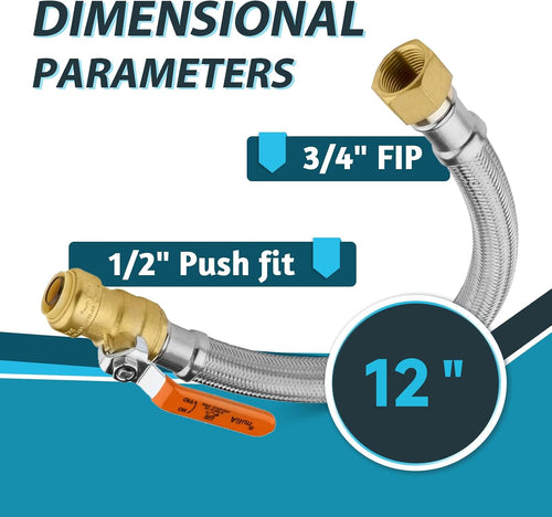 (5 Pack) Seelink 12-Inch Stainless Steel Flexible Heater Hose, 1/2 Inch Push-fit Ball Valve x 3/4 Inch FIP, Push-to-Connect for Copper, PEX, and CPVC