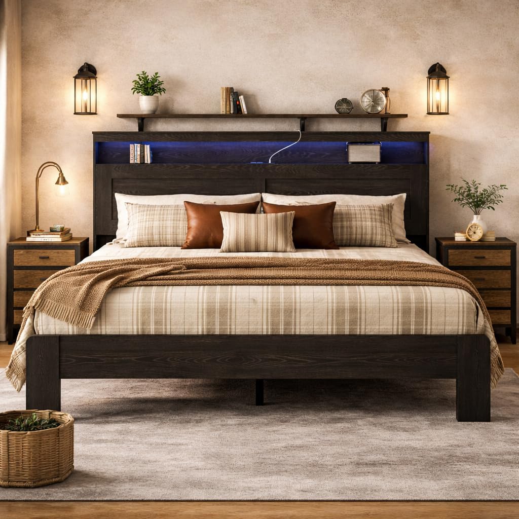 Wooden King Size Bed Frame with Headboard - Rustic Farmhouse Platform Bedframe with Metal Slat Support, Sturdy and No Noise, Easy Assembly (Rustic Black, King)
