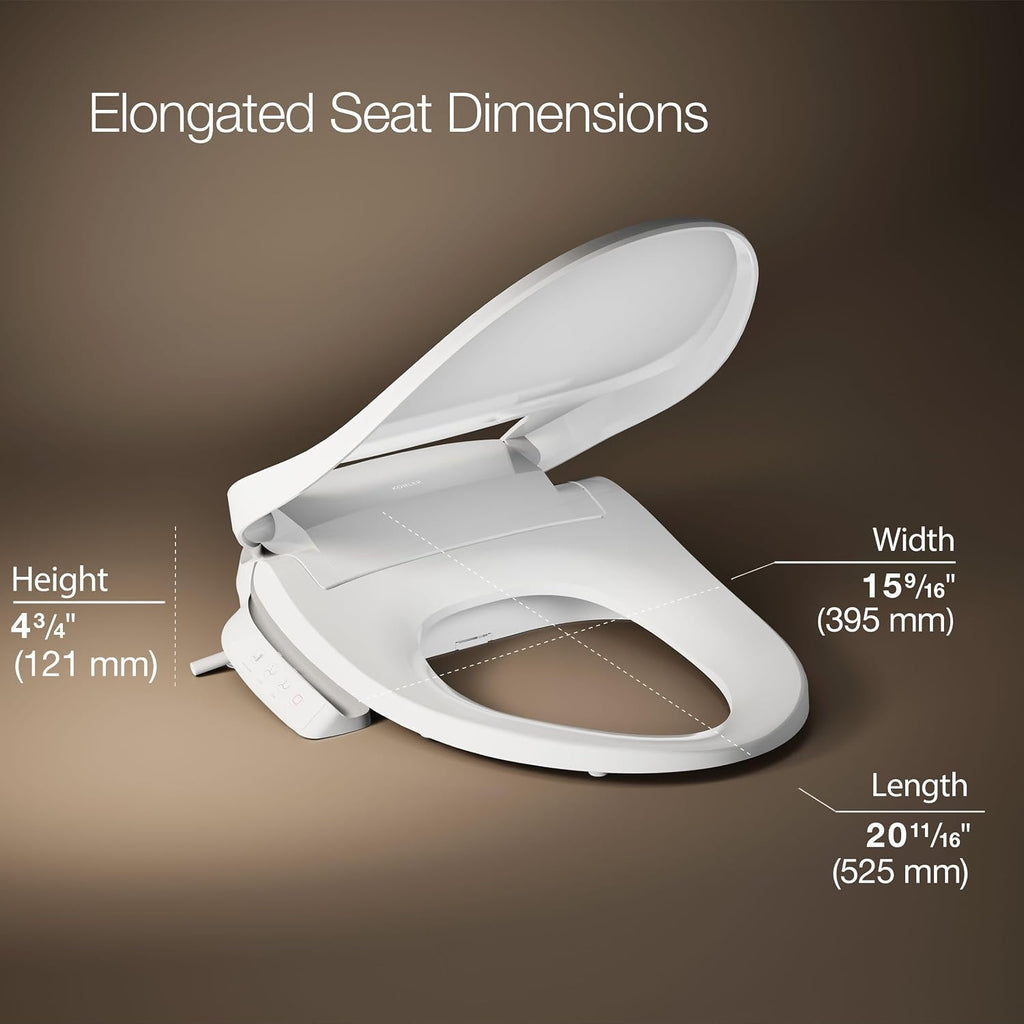 Kohler PureWash E525 Elongated Heated Bidet Toilet Seat, White, Warm Water, Quiet-Close Lid, Self-Cleaning Wand, Adjustable Water Pressure, Side Panel Controls, Easy Installation Bidet Attachment