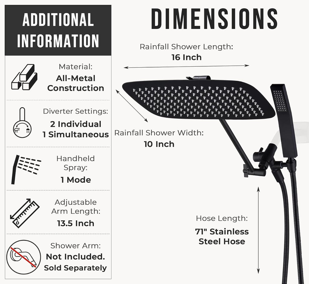 G-Promise All Metal 16 Inch Dual Square Shower Head with Handheld Spray Combo, Rain Shower Head, Adjustable Extension Arm, 3-Way Diverter, 71 Inch Extra Long Hose - A Bathroom Upgrade (Matte Black)