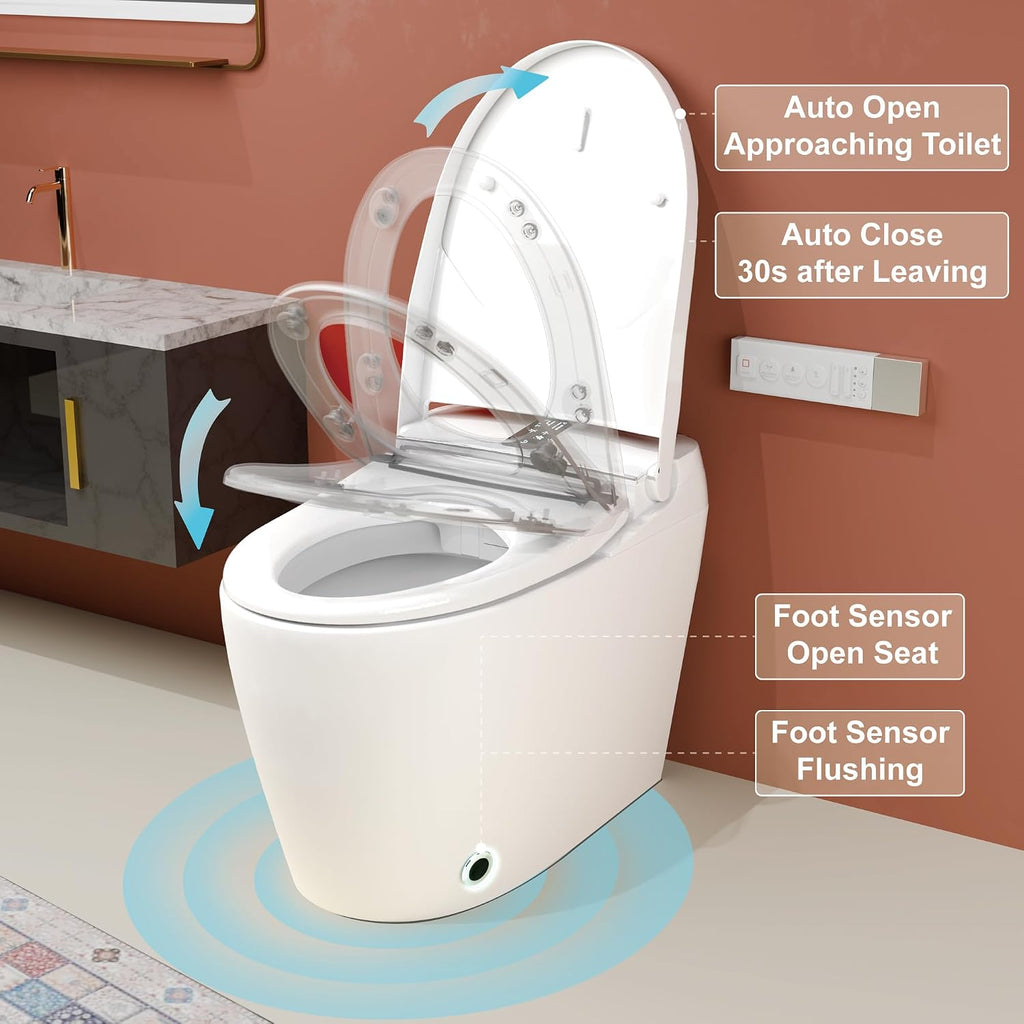 Smart Toilet - Auto Open/Close, One Piece Elongated Design, LED Display Comfort Height Toilet, Foot Sensor Flush, Auto Flush System, Heated Seat, Night Light for Modern Bathroom