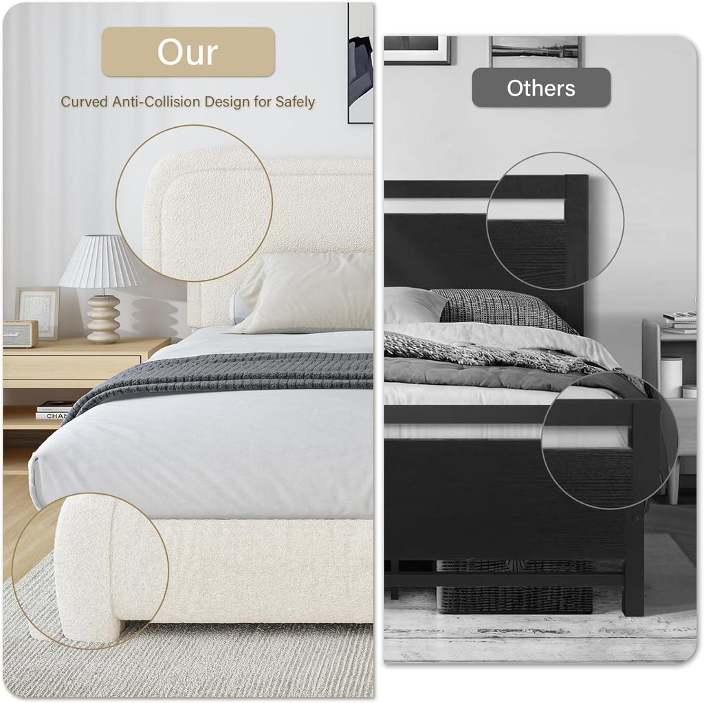 BarnFurin Twin Size Bed Frame,Cloud Boucle Upholstered Platform Bed Frame with Headboard, Soft Rounded Corners, No Box Spring Required, Non-Slip and Noise-Free, Easy Assembly, Cream