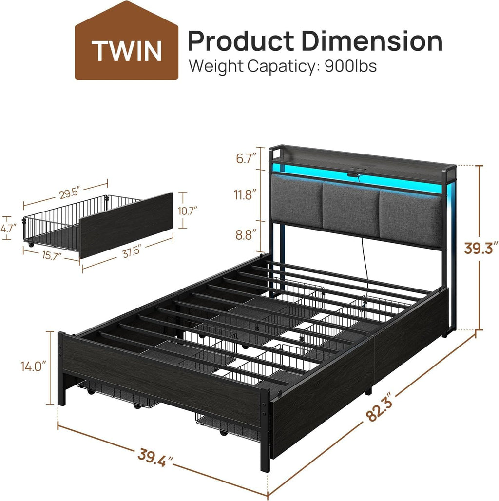 Rolanstar Bed Frame Twin Size with Charging Station and LED Lights, Upholstered Storage Headboard with Drawers, Heavy Duty Metal Slats, No Box Spring Needed, Noise Free, Easy Assembly, Dark Grey