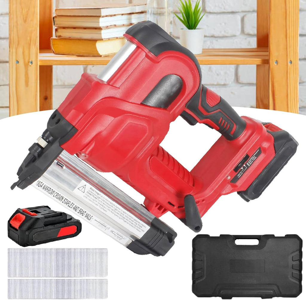 Brad Nailer Cordless,Electric Nail Nailer,for DIY Project of Upholstery&Woodworking,U-Shaped Nail/Straight Nail,Dual Led Indicators,with Gloves,1 Battery&400 Nails,red
