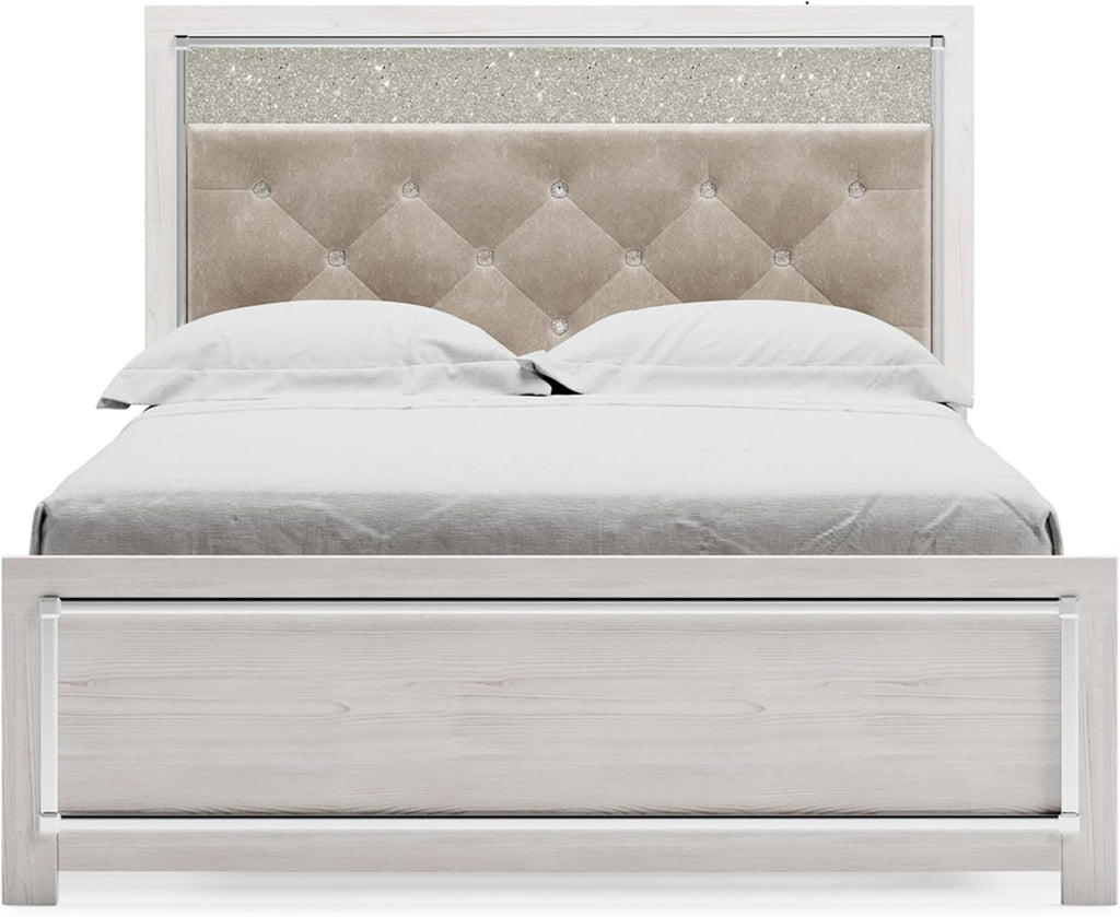 Signature Design by Ashley Altyra Glam Tufted Upholstered Queen Platform Bed with LED Lighting, Foundation or Box Spring Not Needed, White