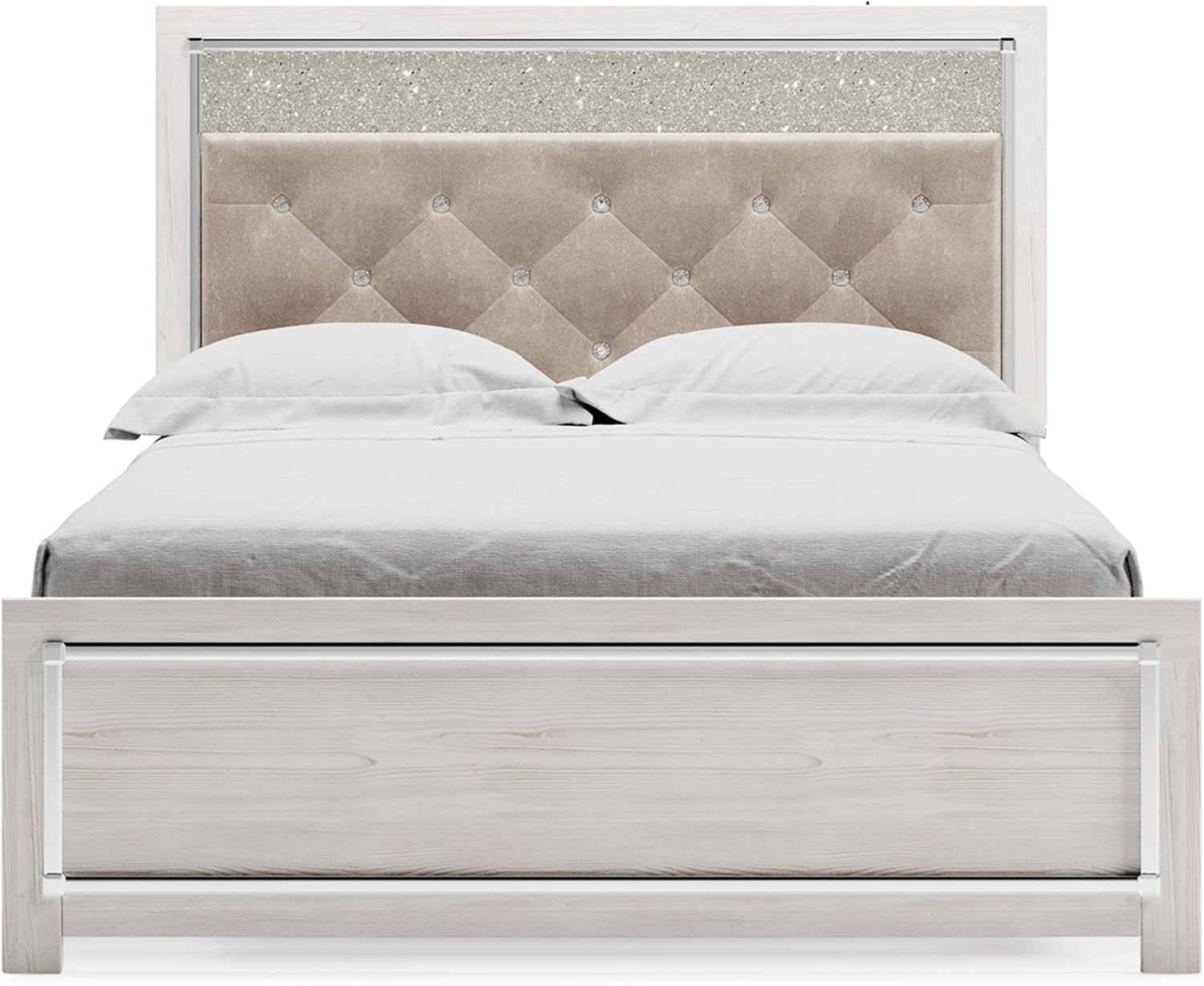 Signature Design by Ashley Altyra Glam Tufted Upholstered Queen Platform Bed with LED Lighting, Foundation or Box Spring Not Needed, White