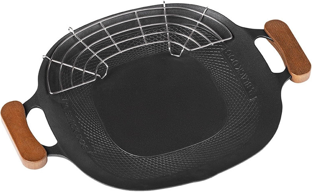 Korean Grill Pan Round BBQ Griddle with Bag Wood Handle for Indoor Outdoor Fire Camping Induction Gas Stove Electric Cooktop