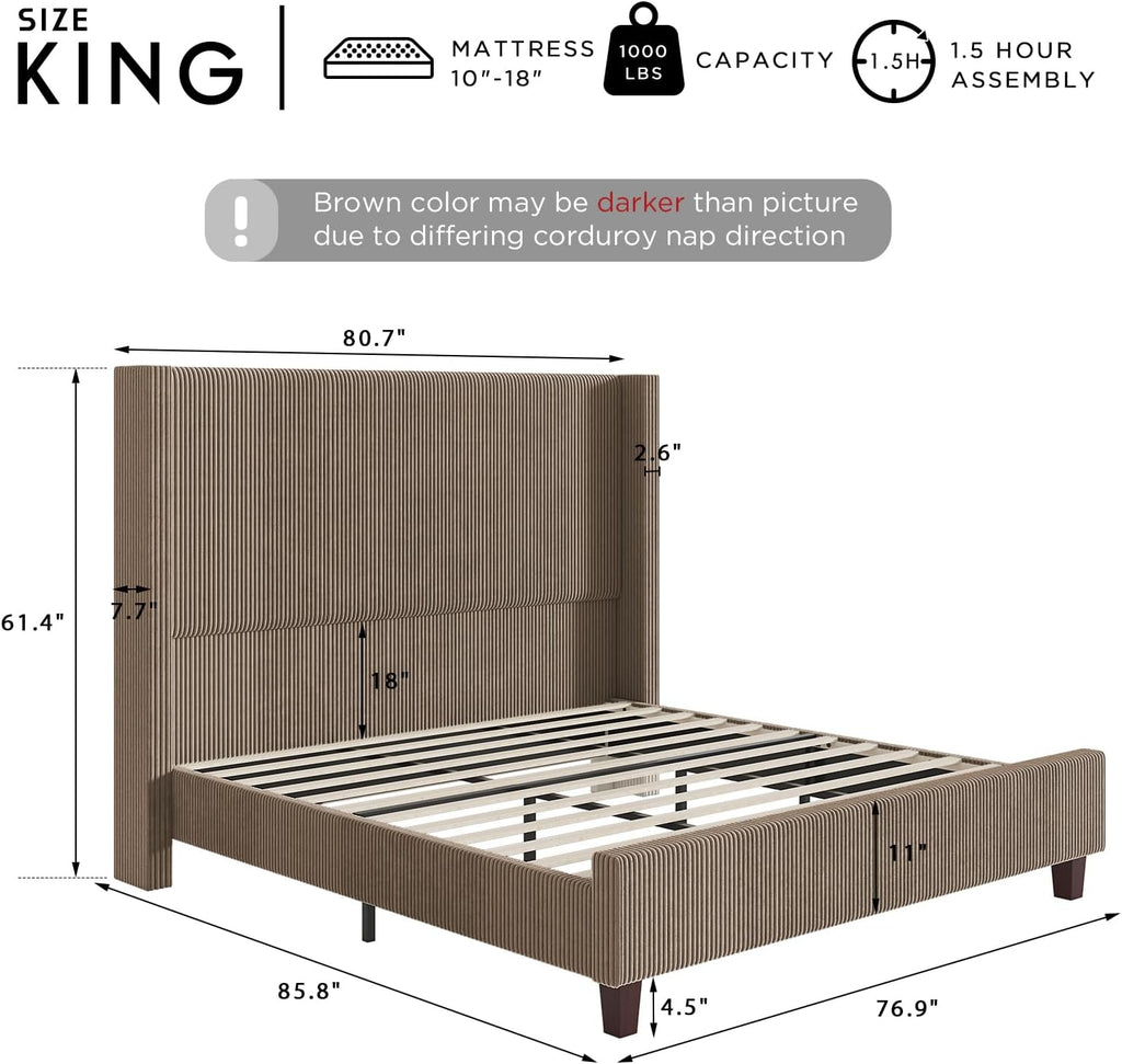 HOWE King Size Bed Frame with 61.4' Extra Tall Headboard, Corduroy Upholstered Bed with Vertical Wingback Headboard, No Box Spring Needed/Noise Free/Solid Wood Slats & Legs/Brown