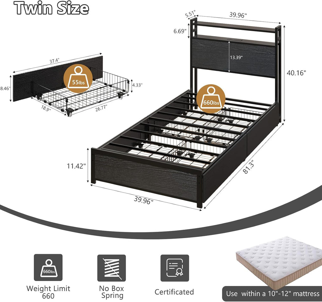 VINGLI Twin Bed Frame Set of 2 with 4 Storage Drawers and Adjustable Headboard Shelf, Metal Platform with Charging Station and LED Lights, No Box Spring Needed, Noise Free, Easy Assembly, Black