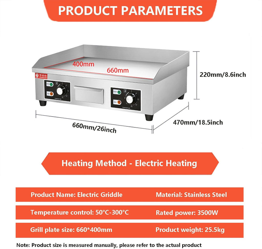 Commercial Electric Griddle & Countertop Flat Top Griddle & Stainless Steel Steak Bacon Fryer with Temperature Control Knob, 8mm Cooking Thick, 660 * 400mm/730 * 40，3500W