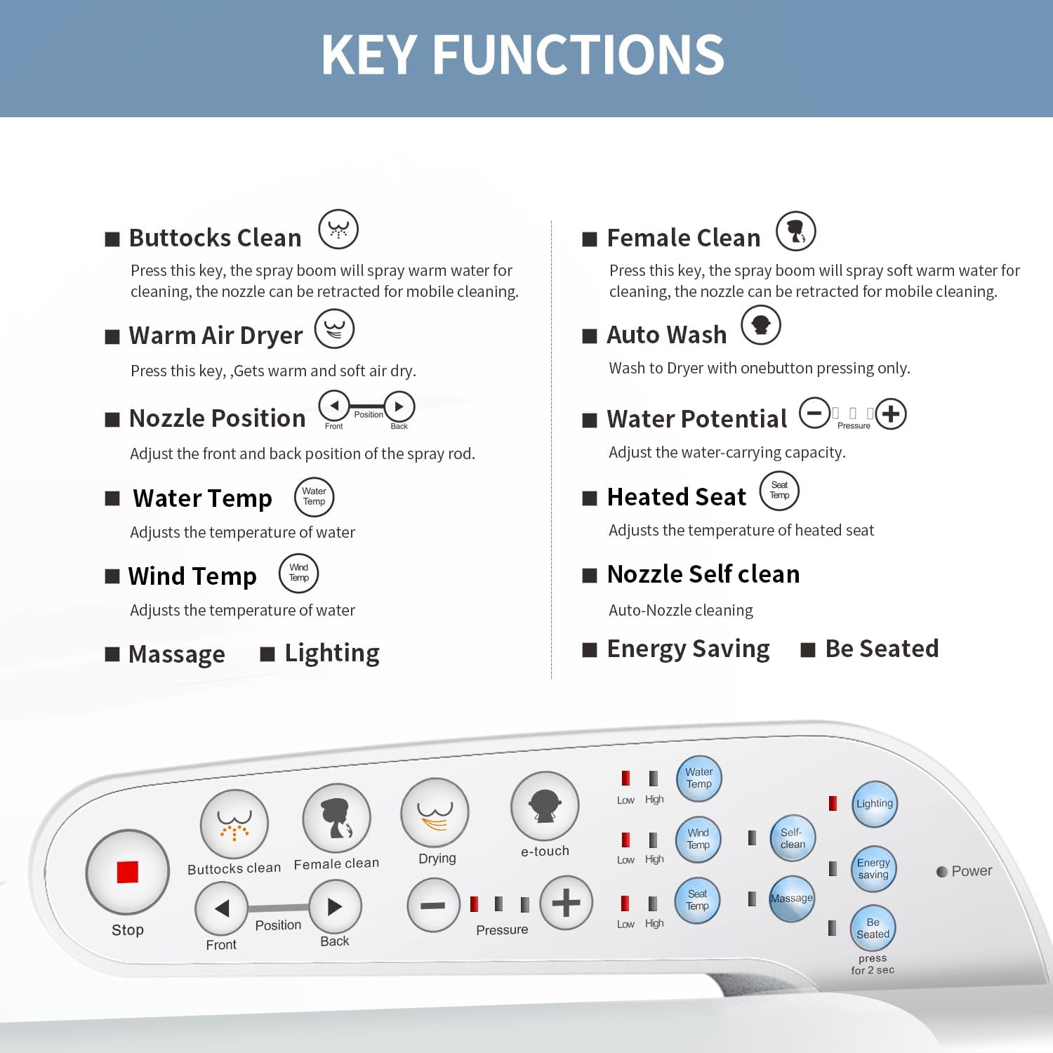 KERDE F30 Square Electric Bidet Seat, Smart Toilet Cover, Heated Water Cleansing, Warm Air Drying, Seat Constant Temperature, Adjustable Temperature, Front-to-Back Nozzle Massage