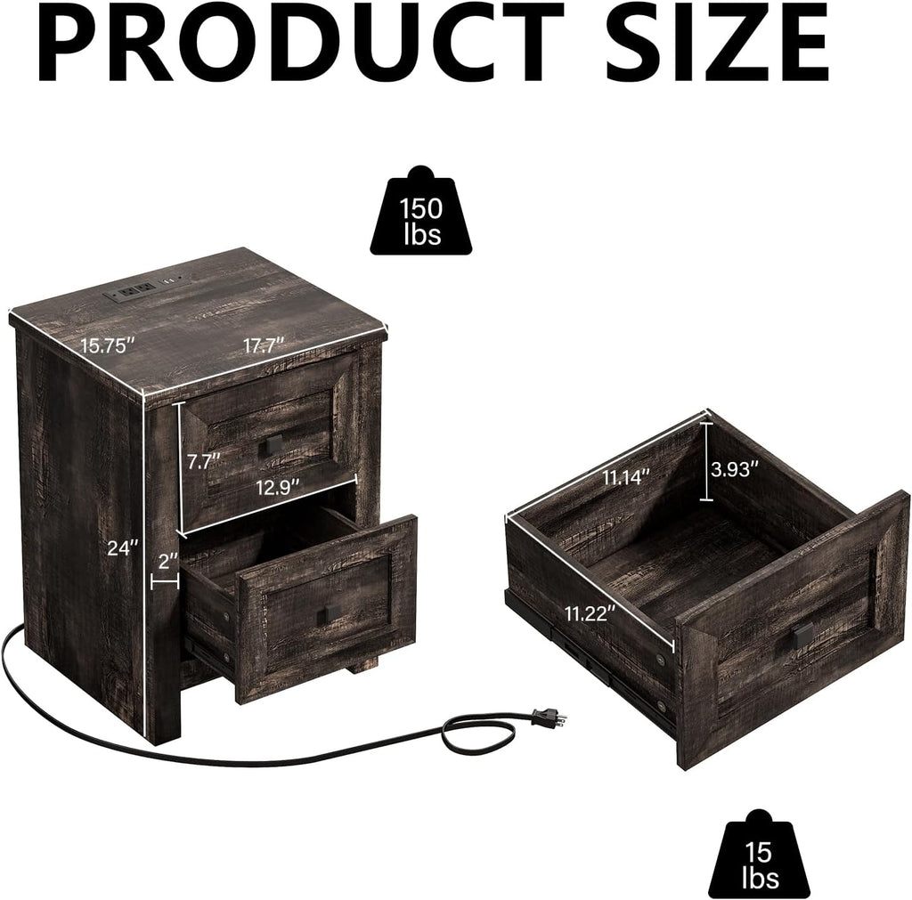 LUXOAK 3 Pieces Bedroom Sets, Includes Full Size Lift Up Storage Bed with Storage Headboard & Charging Station, 2 Drawers Farmhouse Nightstand Set of 2 with Charging Station, Black