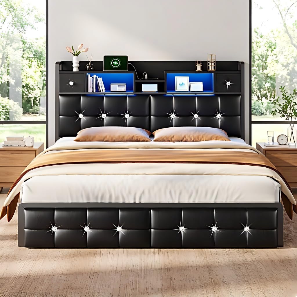 Homkdom Queen Bed Frame with Hidden Storage Headboard & 4 Drawers,Diamond-Tufted Upholstered Leather Platform Bed Frame Queen Size with LED Lights & Charging Station,No Box Spring Needed,Modern Black