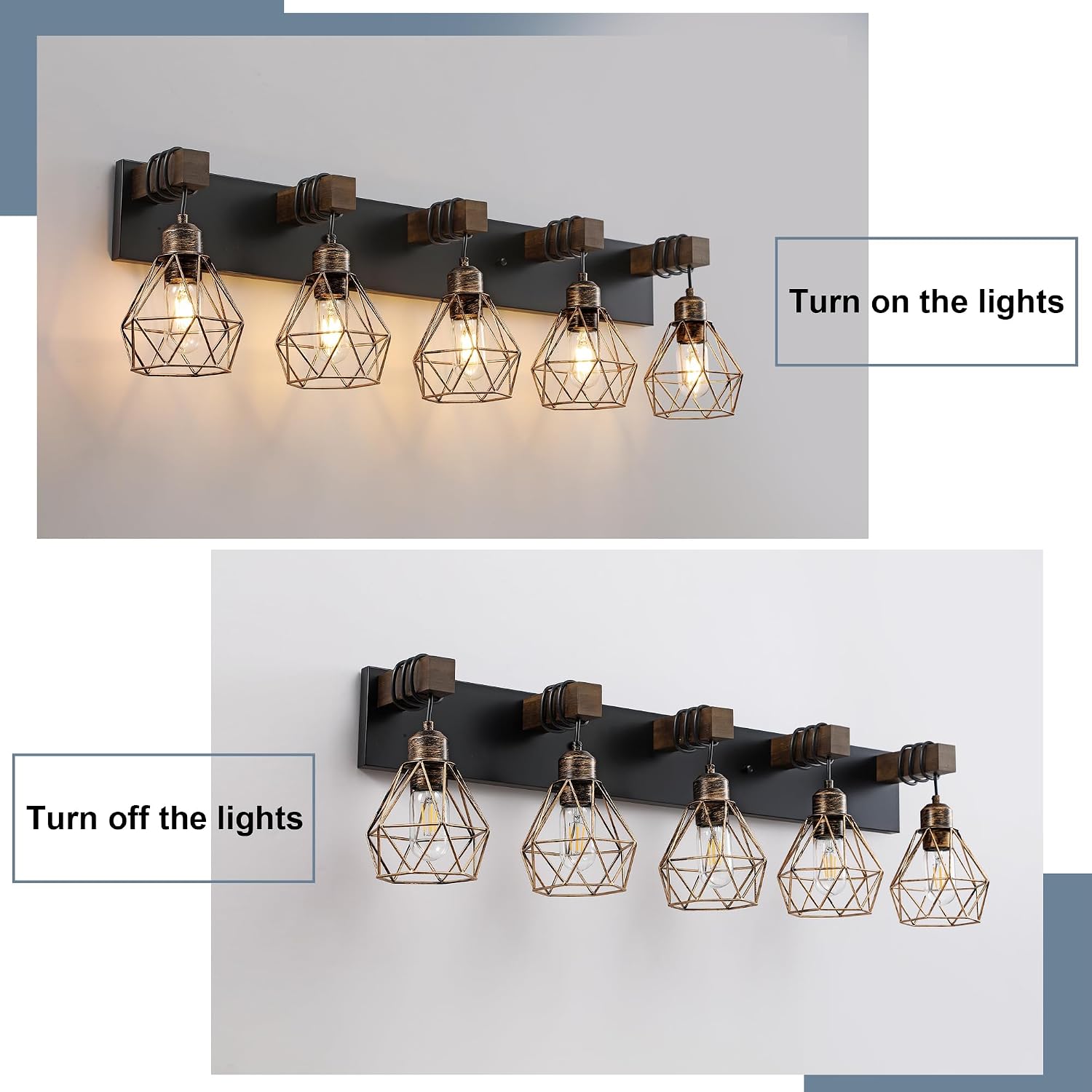 Black Gold Farmhouse Bathroom Light Fixtures, 5-Light Bathroom Lighting Fixtures Over Mirror, Rustic Wood Vanity Lights Wall Sconces with Metal Lampshade for Living Room