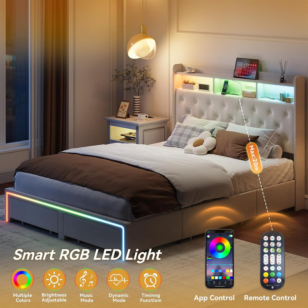 Full LED Bed Frame with Storage Headboard & Charging Station, Velvet Fabric Platform Bed Frames with 4 Drawers, Button Tufted Upholstered, No Box Spring Needed, Noise Free, Beige