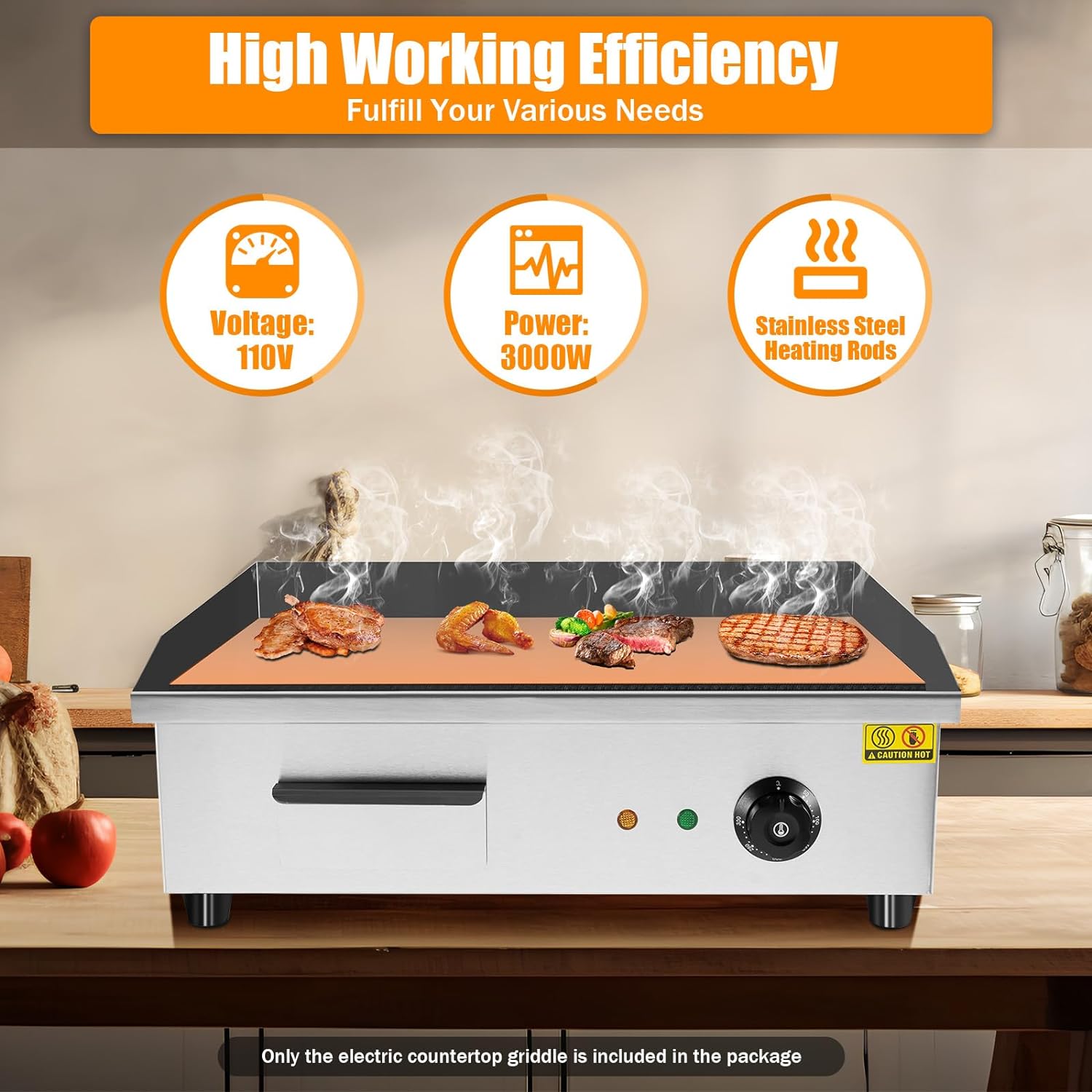Commercial Griddle Electric 3000W 110V Electric Flat Top Grill Stainless Steel Countertop Electric Griddle Adjustment Temperature: 50-300℃/122-572℉for Restaurant Kitchen 21.25'x11.81' Cooking Plate