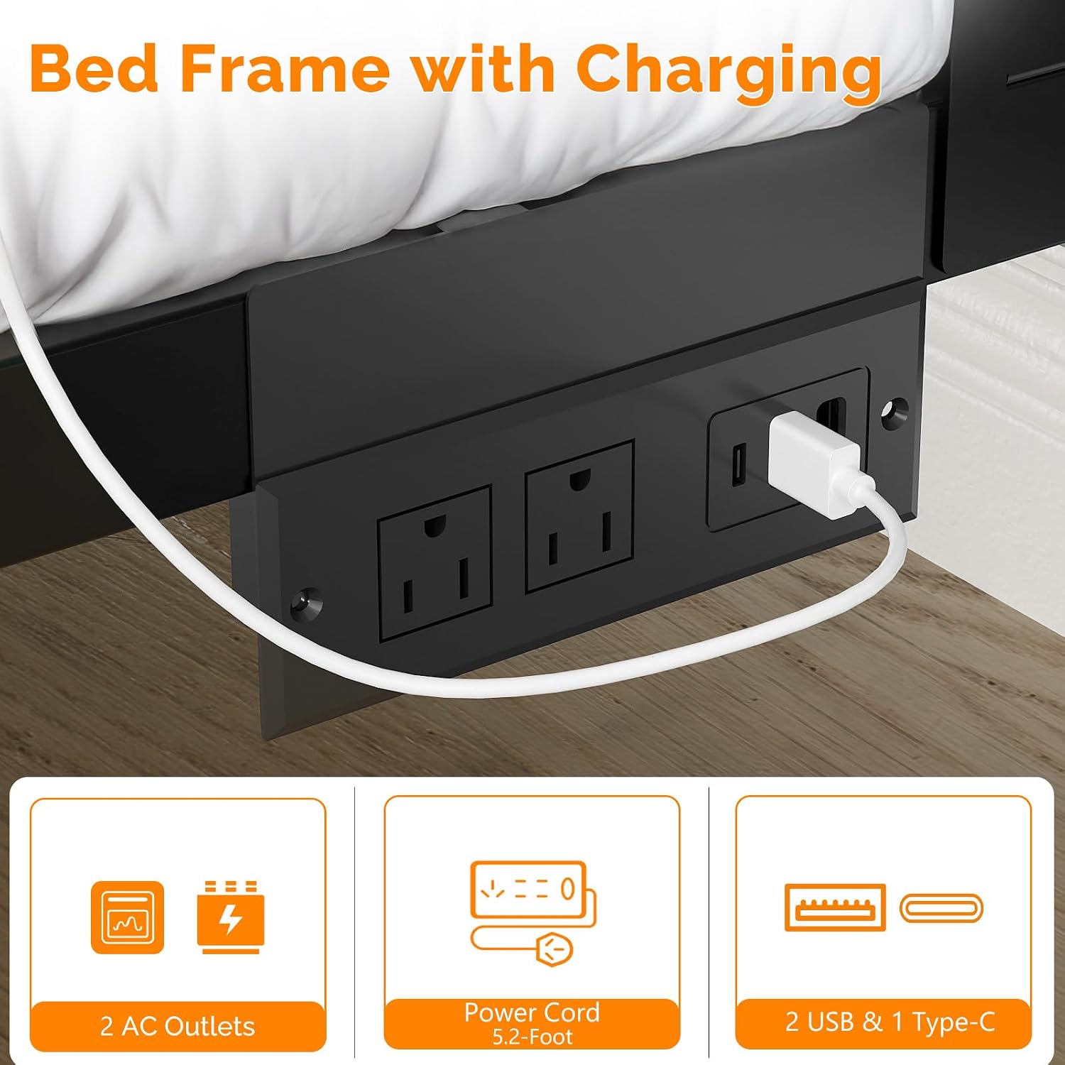 VINGLI Twin Bed Frame Set of 2 with LED Headboard & Footboard, USB Charging Station, Metal Single Platform with 12-Inch Under Bed Storage Space for Dorm Bedroom Kids Teen Guest Room, Industrial Brown