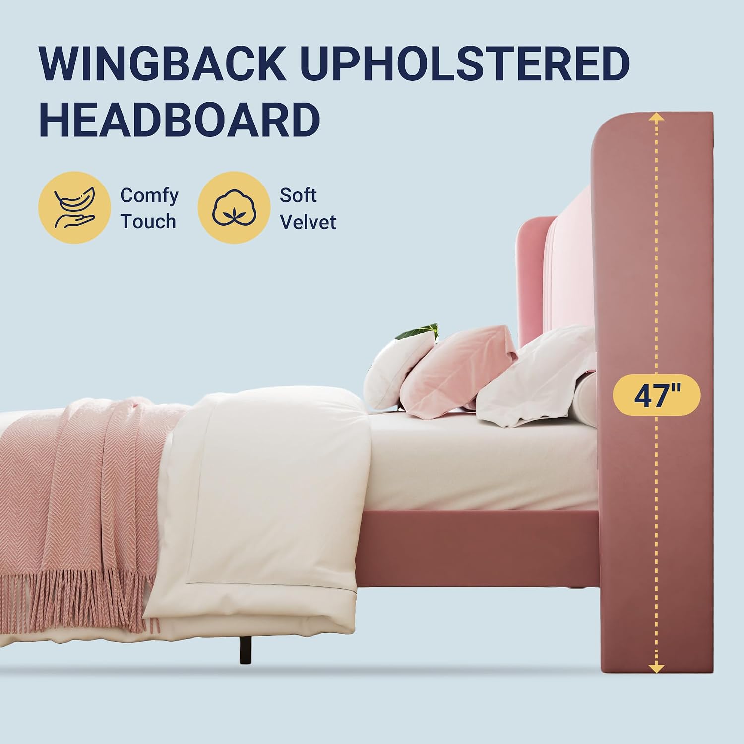 Allewie Queen Size Velvet Platform Bed Frame with Vertical Tufted Wingback Headboard, Easy Assembly, Under Bed Storage, No Box Spring Required, Modern Style, Pink