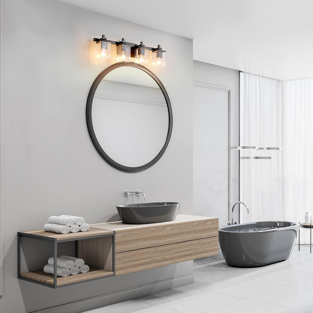 GLOBE Electric 52089 Dakota 4-Light Vanity Light, Matte Black, Seeded Glass Shades
