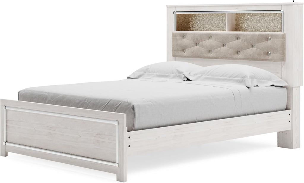 Signature Design by Ashley Altyra Glam Tufted Upholstered Queen Platform Bookcase Bed with LED Lighting, Foundation or Box Spring Not Needed, White