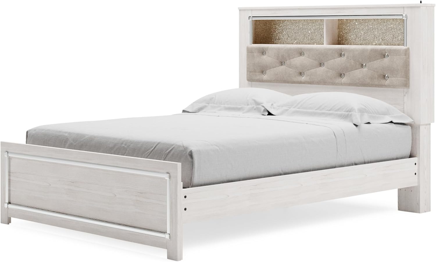 Signature Design by Ashley Altyra Glam Tufted Upholstered Queen Platform Bookcase Bed with LED Lighting, Foundation or Box Spring Not Needed, White