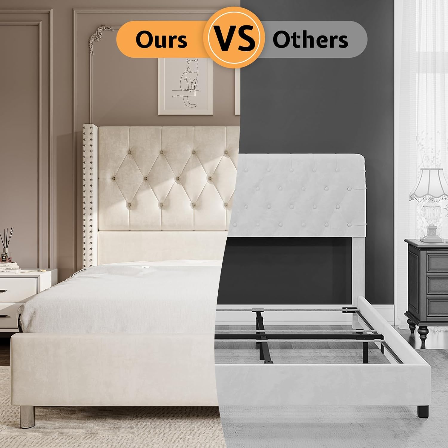 Jocisland Bed Frame King Size Velvet Tufted Upholstered Bed Low Profile Platform Bed Raised Wingback Headboard/Wood Slats Support/No Box Spring Needed/Easy Assembly/Cream