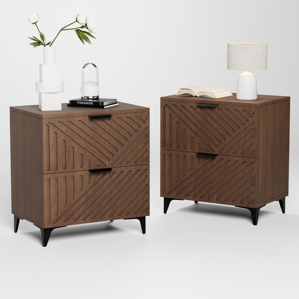 Royal Windsor Small Night Stand Set of 2, Fluted Nightstand with 2 Drawers, Side End Table with Storage, Modern Night Stand Bedside Table for Small Indoor Rooms, Brown