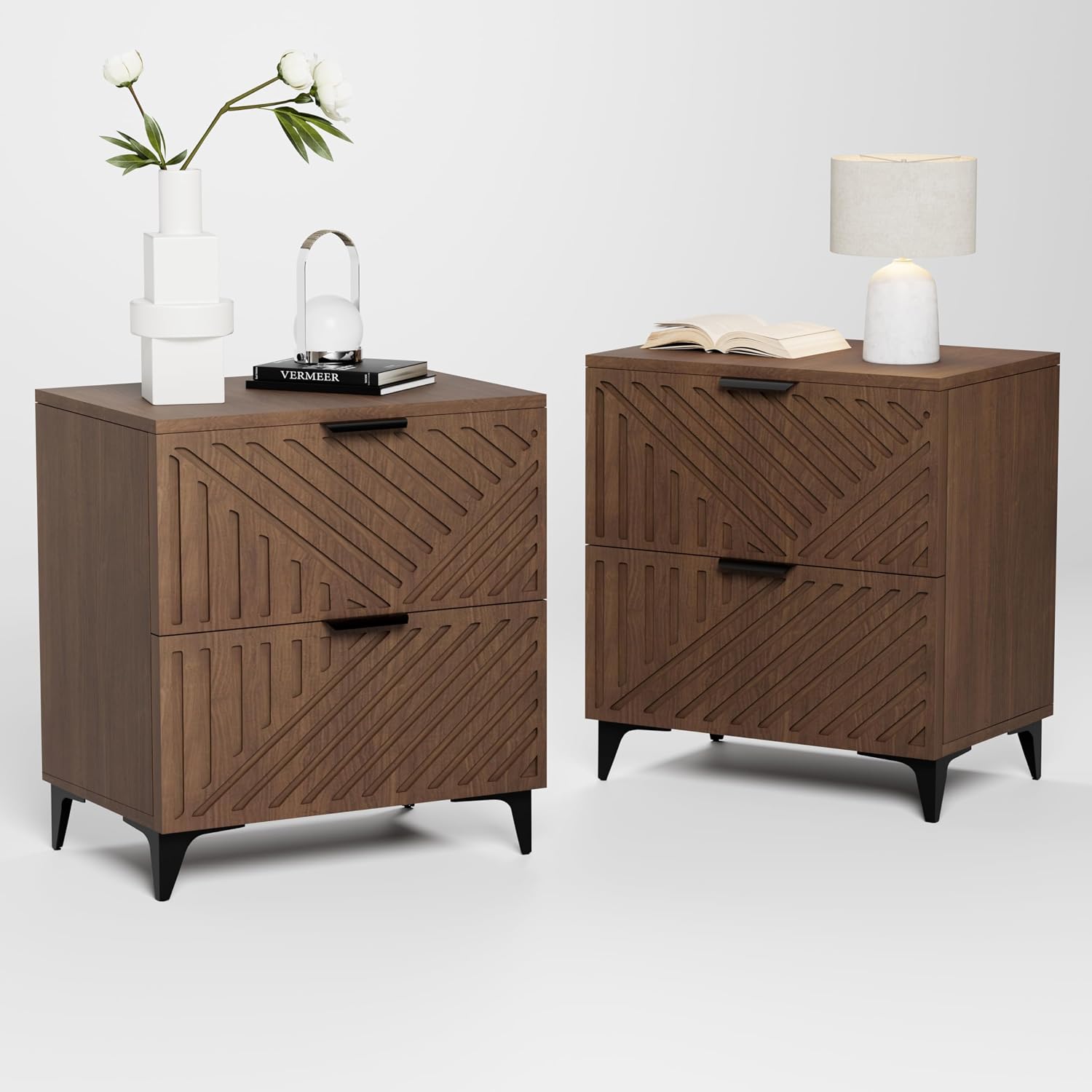 Royal Windsor Small Night Stand Set of 2, Fluted Nightstand with 2 Drawers, Side End Table with Storage, Modern Night Stand Bedside Table for Small Indoor Rooms, Brown