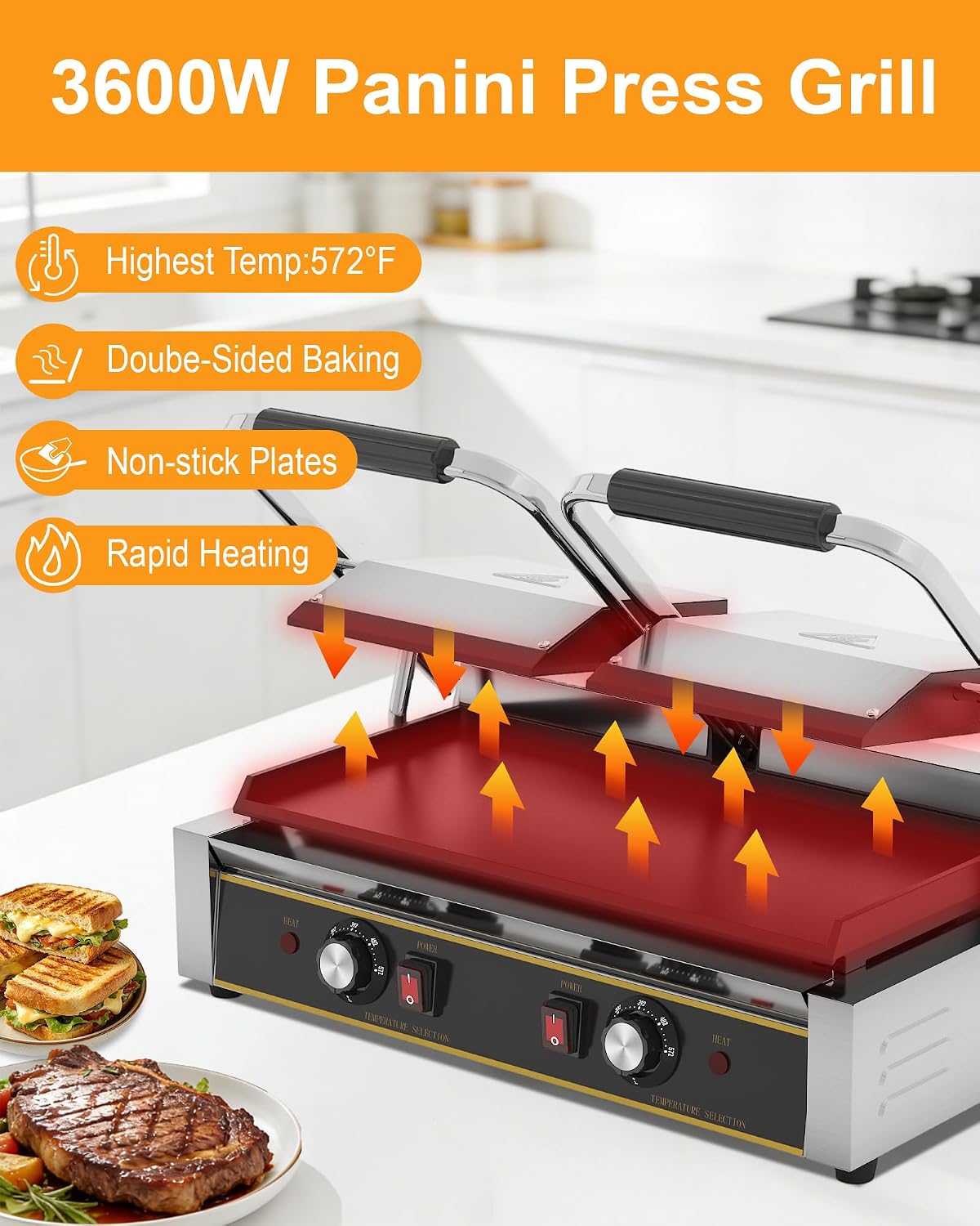 Commercial Panini Press - 3600W Double Sandwich Press, Stainless Steel Electric Panini Grill w/Dual Independent Temp Controls, 19'x9' Full Flat Smooth Cooking Pan for Hamburger Steak Bacon
