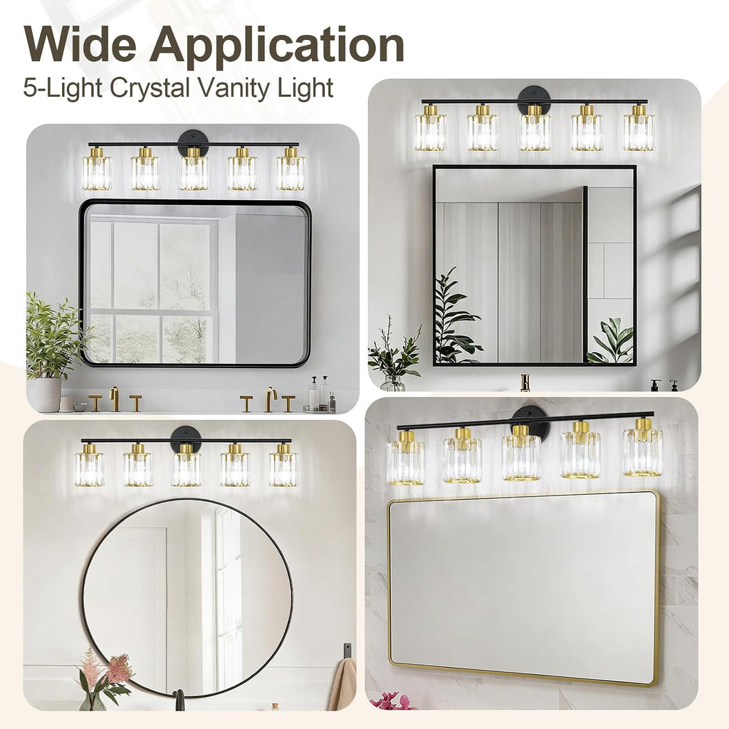Crystal Bathroom Light Fixtures, Bathroom Lighting Fixtures Over Mirror, Modern Black Gold 5-Light Vanity Lights for Mirror,Restroom, Bedroom (Ceramic E26 Socket,Bulbs Not Include)