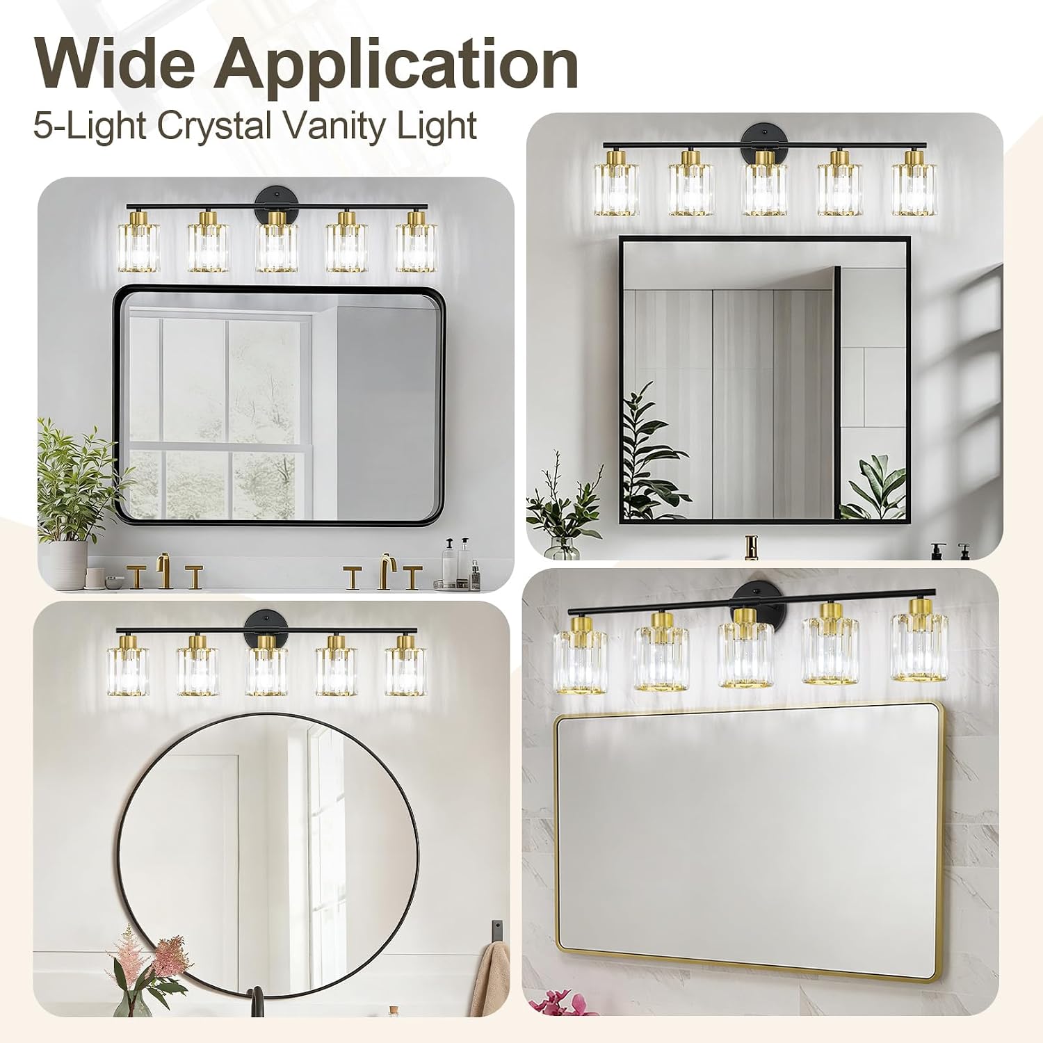 Crystal Bathroom Light Fixtures, Bathroom Lighting Fixtures Over Mirror, Modern Black Gold 5-Light Vanity Lights for Mirror,Restroom, Bedroom (Ceramic E26 Socket,Bulbs Not Include)