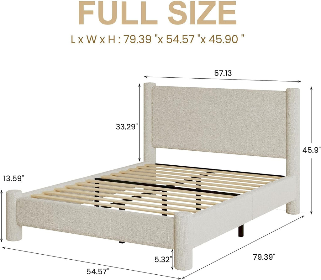 REVOMINCA Full Size Bed Frame, Boucle Upholstered Platform Bed with Headboard and Footboard, Soft Rounded Corners, No Box Spring Required, Easy Assembly, Cream