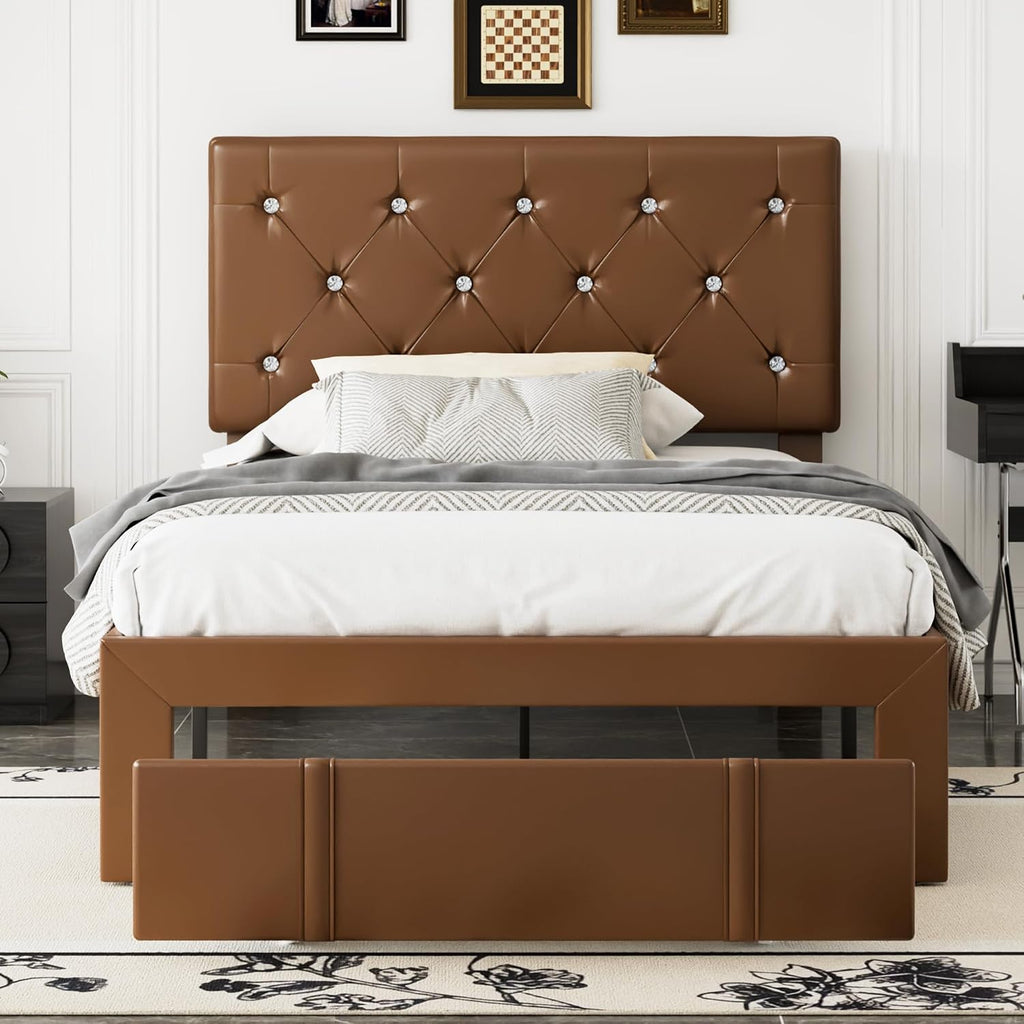 VECELO Twin Size Bed Frame with Storage Drawers, Leather Upholstered with Diamond Tufted Headboard, Solid Wood Slat Support, No Box Spring Needed, PU & Brown