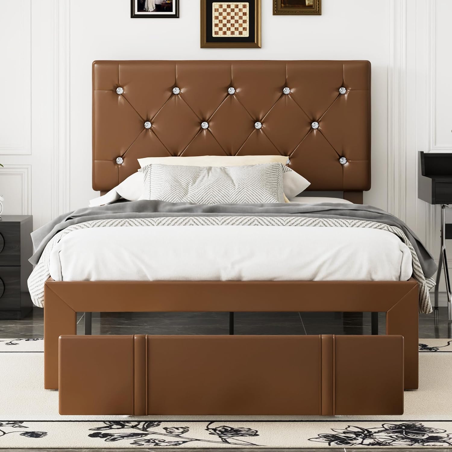 VECELO Twin Size Bed Frame with Storage Drawers, Leather Upholstered with Diamond Tufted Headboard, Solid Wood Slat Support, No Box Spring Needed, PU & Brown
