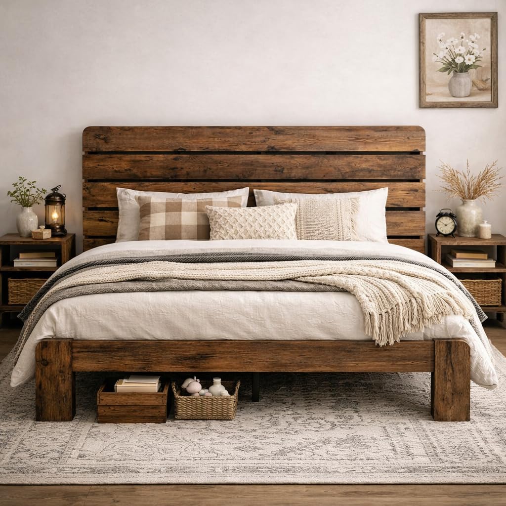 Wooden Full Size Bed Frame with Headboard, Rustic Farmhouse Platform Bedframe with Wood Slat Support, Sturdy and No Noise, Easy Assembly (Light Brown/Linear Headboard, Full)