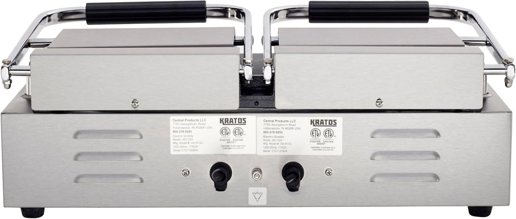 Kratos Commercial Electric Panini Sandwich Grill with Grooved Top and Smooth Bottom Plates, 18.7'x9' Cooking Surface, Commercial Countertop Panini Press, 120V, 3500W (29Y-025)