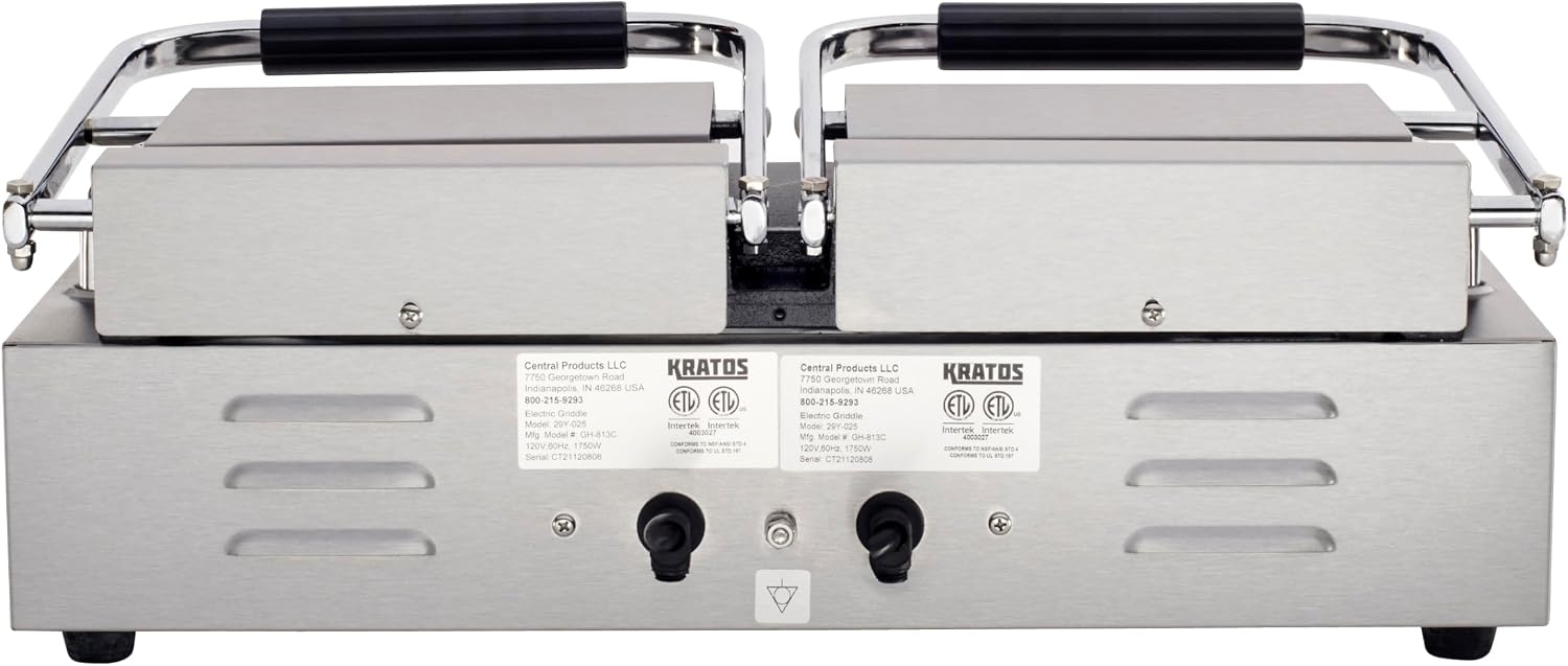 Kratos Commercial Electric Panini Sandwich Grill with Grooved Top and Smooth Bottom Plates, 18.7'x9' Cooking Surface, Commercial Countertop Panini Press, 120V, 3500W (29Y-025)
