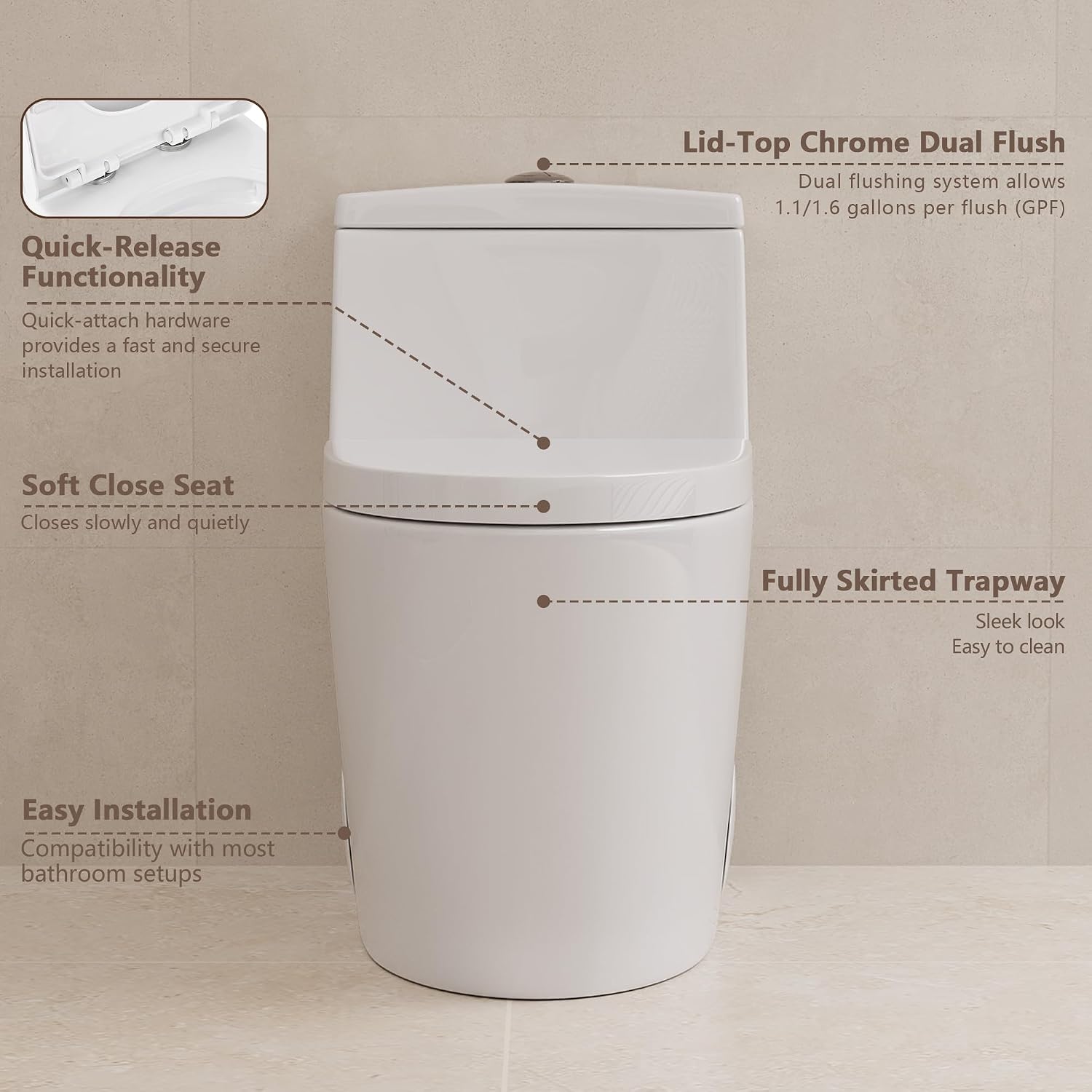 DeerValley Elongated One Piece Toilet with Standard Height Quick Release Seat Dual Flush 1.1/1.6 GPF White 12' Rough In Bathroom Toilet